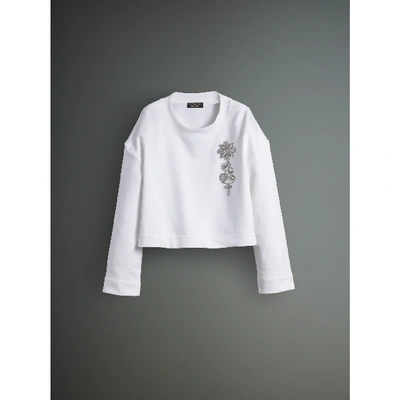 Shop Burberry Cotton Cropped Sweatshirt With Crystal Brooch In Optic White