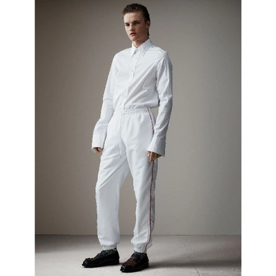 Shop Burberry Poplin Track Pants With Contrast Piping In White