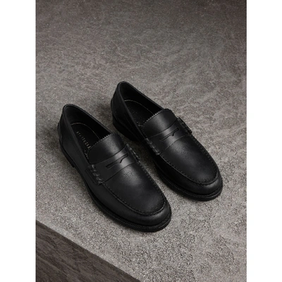 Shop Burberry Leather Penny Loafers In Black