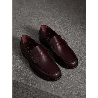 Shop Burberry Leather Penny Loafers In Bordeaux