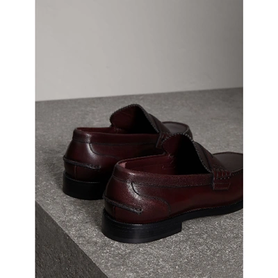 Shop Burberry Leather Penny Loafers In Bordeaux