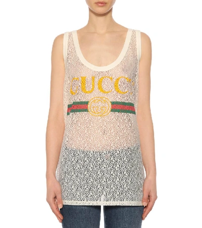 Shop Gucci Printed Lace Tank Top In White