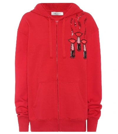 Shop Valentino Embroidered Cotton Hoodie In Red