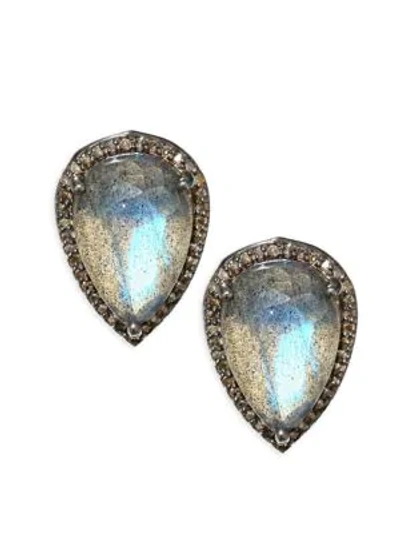 Shop Nina Gilin Diamond & Labradorite Stud Earrings In Black Rhodium Silver
