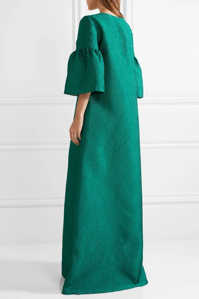 Shop Reem Acra Metallic Silk-cloqué Gown In Emerald