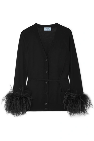 Shop Prada Feather-trimmed Cardigan In Black