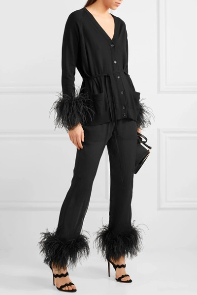 Shop Prada Feather-trimmed Cardigan In Black