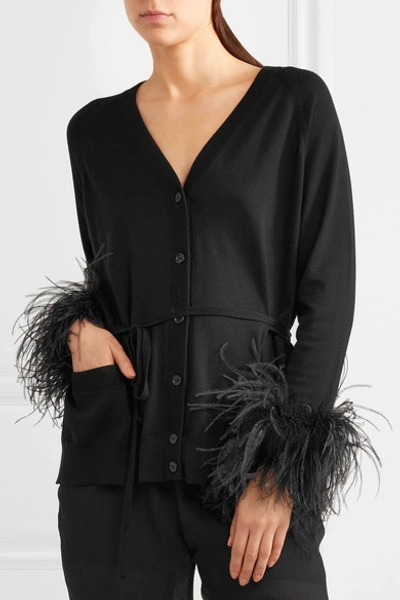 Shop Prada Feather-trimmed Cardigan In Black