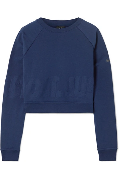 Shop Nike Pro Versa Cropped Embossed Jersey Sweatshirt In Navy