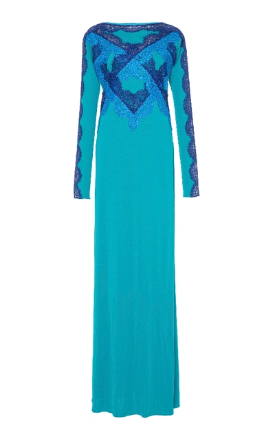 Shop Emilio Pucci Lace Applique Long Dress In Blue