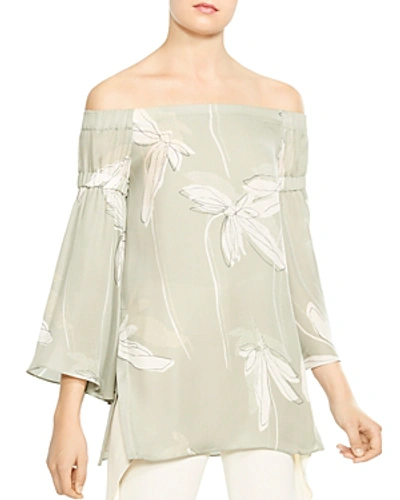 Shop Halston Heritage Off-the-shoulder Abstract Botanical-print Silk Top In Eucalyptus