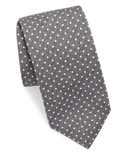 Shop Isaia Mini White Polka Dot Silk Tie In Grey White