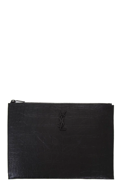 Shop Saint Laurent Monogram Briefcase Crocodile Print In Black