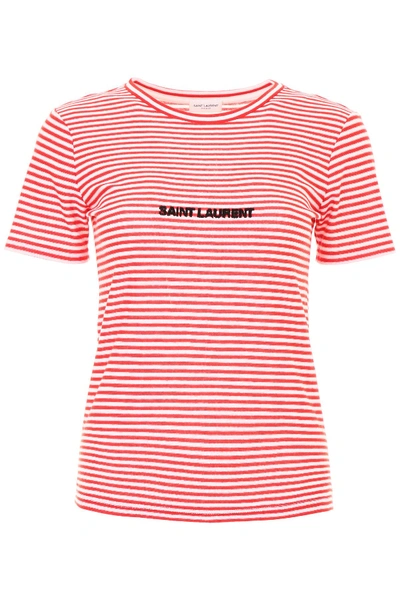 Shop Saint Laurent Striped Jersey Crew Neck T-shirt In Naturel-rougerosso