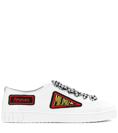 Shop Miu Miu Appliquéd Leather Sneakers In White