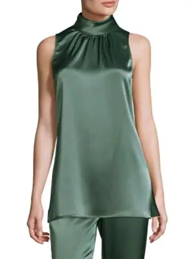 Shop St John Liquid Satin Turtleneck Blouse In Dark Mint