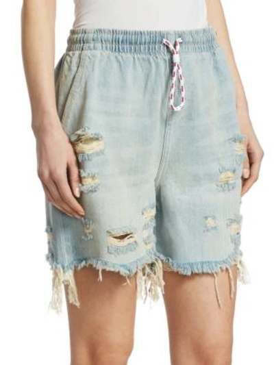 Shop Alexander Wang T Destroyed Drawstring Denim Shorts In Vintage Bleach