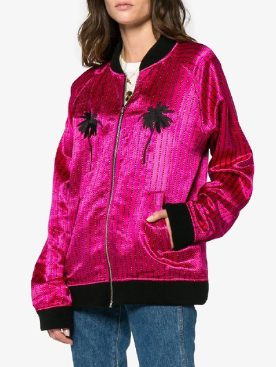 Shop The Elder Statesman Silk Multi Stripe Bomber Jacket In Pink&purple