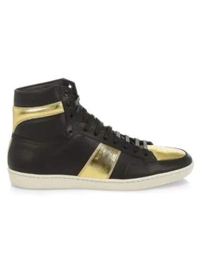 Shop Saint Laurent Court Classic Metallic Leather High-top Trainers In Black Gold