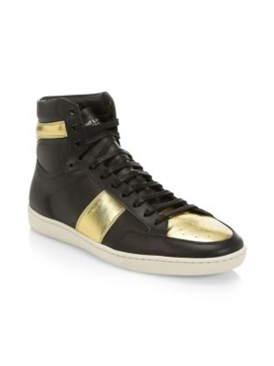 Shop Saint Laurent Court Classic Metallic Leather High-top Sneakers In Black Gold