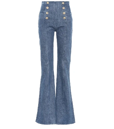 Shop Balmain High-waisted Flared Jeans In Blue