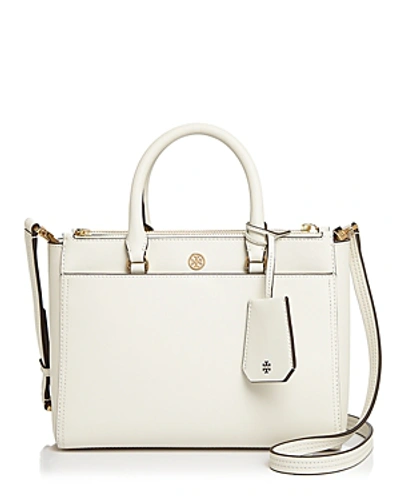 Shop Tory Burch Robinson Small Double Zip Leather Tote In Birch Ivory/gold