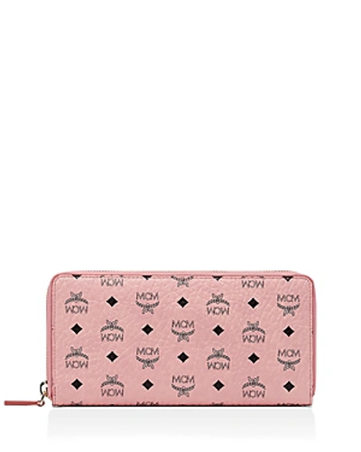 Shop Mcm Zip Around Large Leather And Canvas Wallet In Soft Pink
