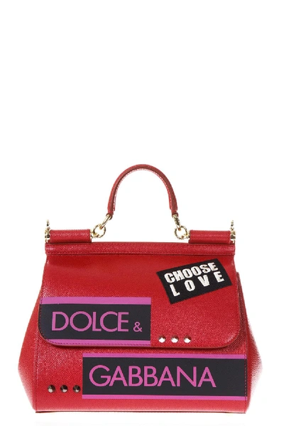 Shop Dolce & Gabbana Sicily Medium Red Leather Hand Bag With Patches