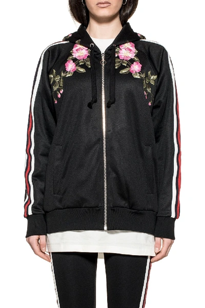 Shop Gucci Black Embroidery Hooded Sweatshirt