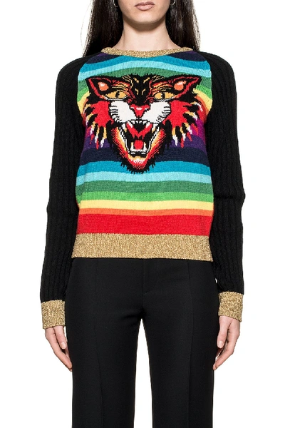 Shop Gucci Multicolor Anngry Cat Striped Wool Pullover