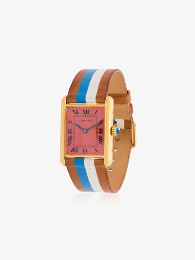 Shop La Californienne Ladies Red Stripe Gold Plated Silver And Leather Fraise Varsity Cartier Tank Large  In Brown / Blue / White