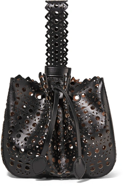 Shop Alaïa Rose Marie Laser-cut Leather Bucket Bag In Black