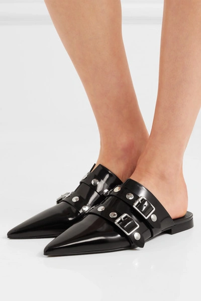 Shop Victoria Beckham Punky Embellished Glossed-leather Slippers In Black