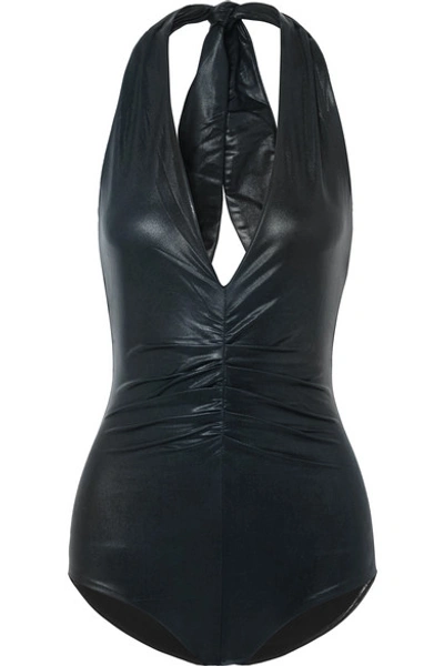 Shop Halston Heritage Kate Ruched Stretch-lamé Halterneck Bodysuit In Black