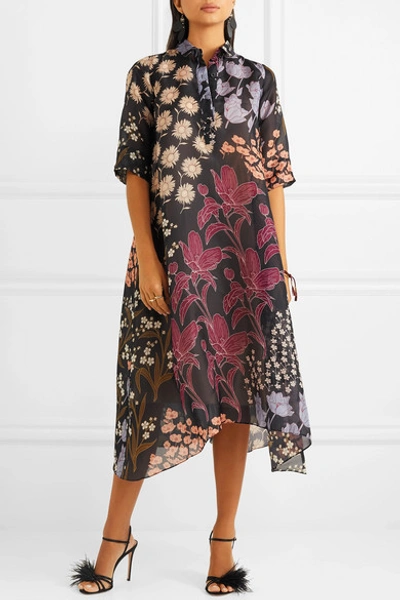 Shop Biyan Allie Floral-print Silk-organza Midi Dress In Black