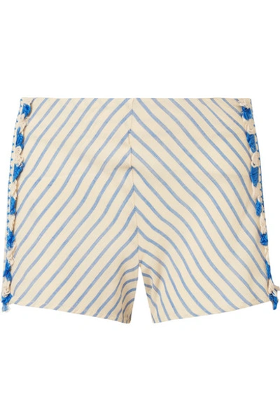 Shop Dodo Bar Or Tasseled Striped Cotton-gauze Shorts In Light Blue
