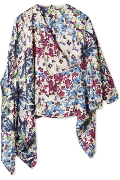 Shop Biyan Sokka Cape-effect Floral-print Silk-twill Blouse In Blue