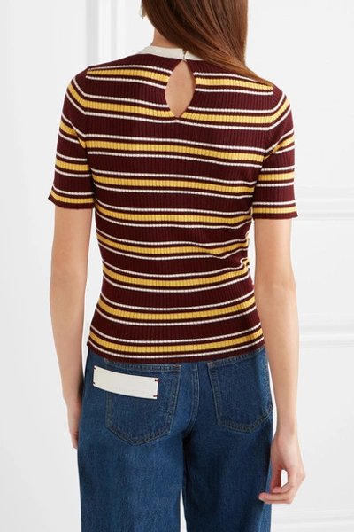 Shop Miu Miu Striped Ribbed Wool Sweater In Burgundy