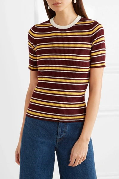 Shop Miu Miu Striped Ribbed Wool Sweater In Burgundy