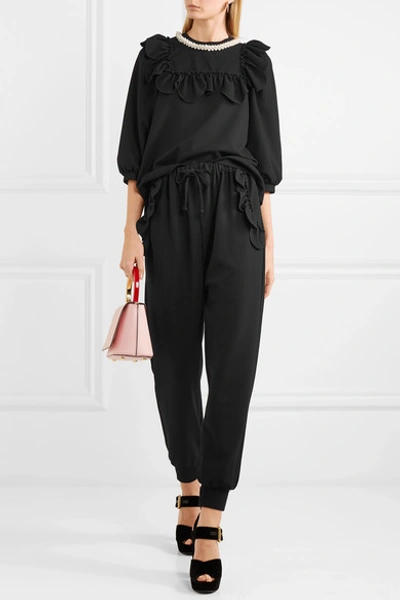 Shop Simone Rocha Ruffled Faux Pearl-embellished Stretch-jersey Top In Black