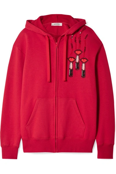 Shop Valentino Embellished Appliquéd Cotton-blend Jersey Hooded Top In Red