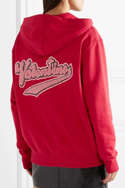 Shop Valentino Embellished Appliquéd Cotton-blend Jersey Hooded Top In Red