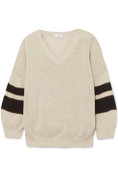 Shop Brunello Cucinelli Beaded Striped Cotton Sweater In Cream
