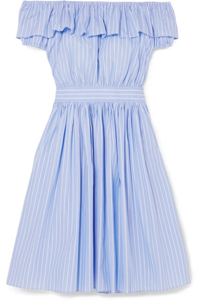 Shop Miu Miu Off-the-shoulder Striped Cotton-poplin Midi Dress In Blue