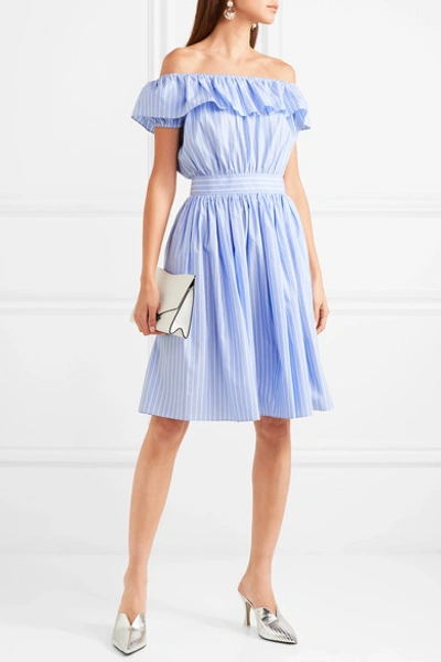 Shop Miu Miu Off-the-shoulder Striped Cotton-poplin Midi Dress In Blue