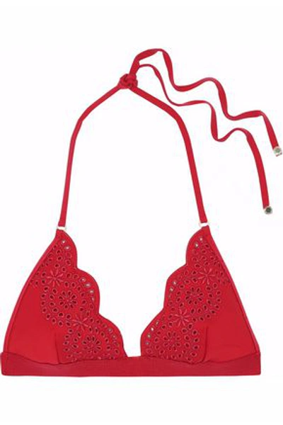 Shop Stella Mccartney Broderie Anglaise-trimmed Neoprene Triangle Bikini Top In Red