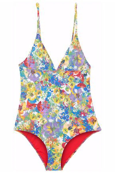 Shop Stella Mccartney Woman Beaded Mesh-trimmed Printed Swimsuit Red