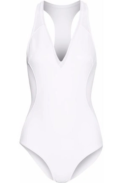 Shop Stella Mccartney Woman Cutout Mesh-paneled Neoprene Swimsuit White