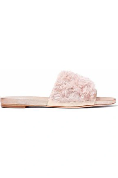 Shop Loeffler Randall Metallic Textured-leather And Shearling Slides In Pink