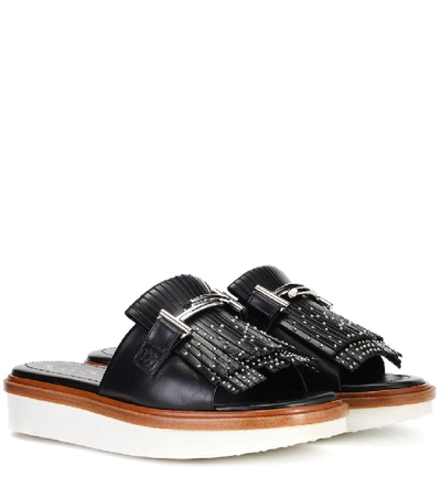 Shop Tod's Double T Leather Slides In Black